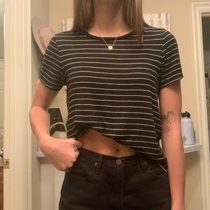 Black with white striped T-shirt.